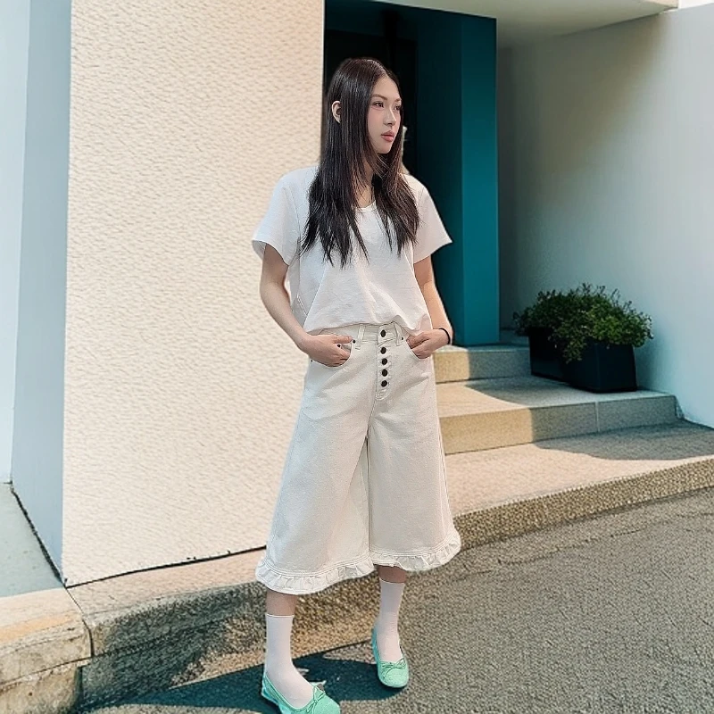 【奥莉】2025春夏：高腰排扣木耳边八分裤004