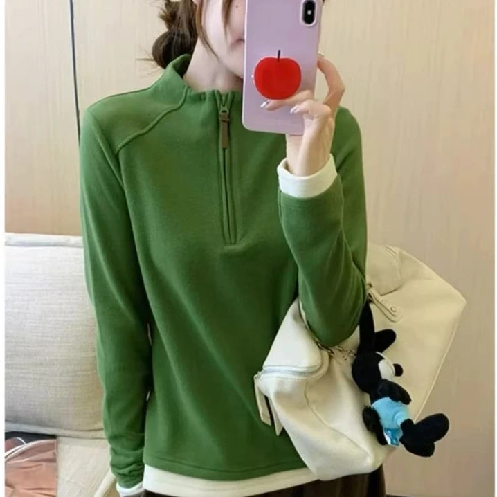 「简约又百搭」韩系简约经典款半拉链立领拼色长袖T恤