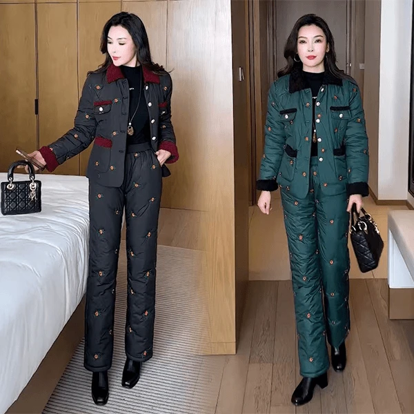 冬季新款加厚加绒气质显瘦时尚小香风绳绣棉服套装2025妈妈套装潮