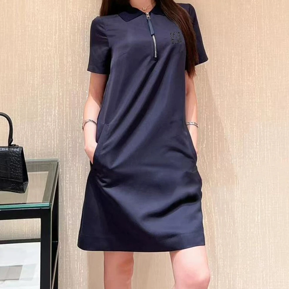 宝蓝色短袖翻领条纹连衣裙 时尚 显瘦 气质 裙子C5721