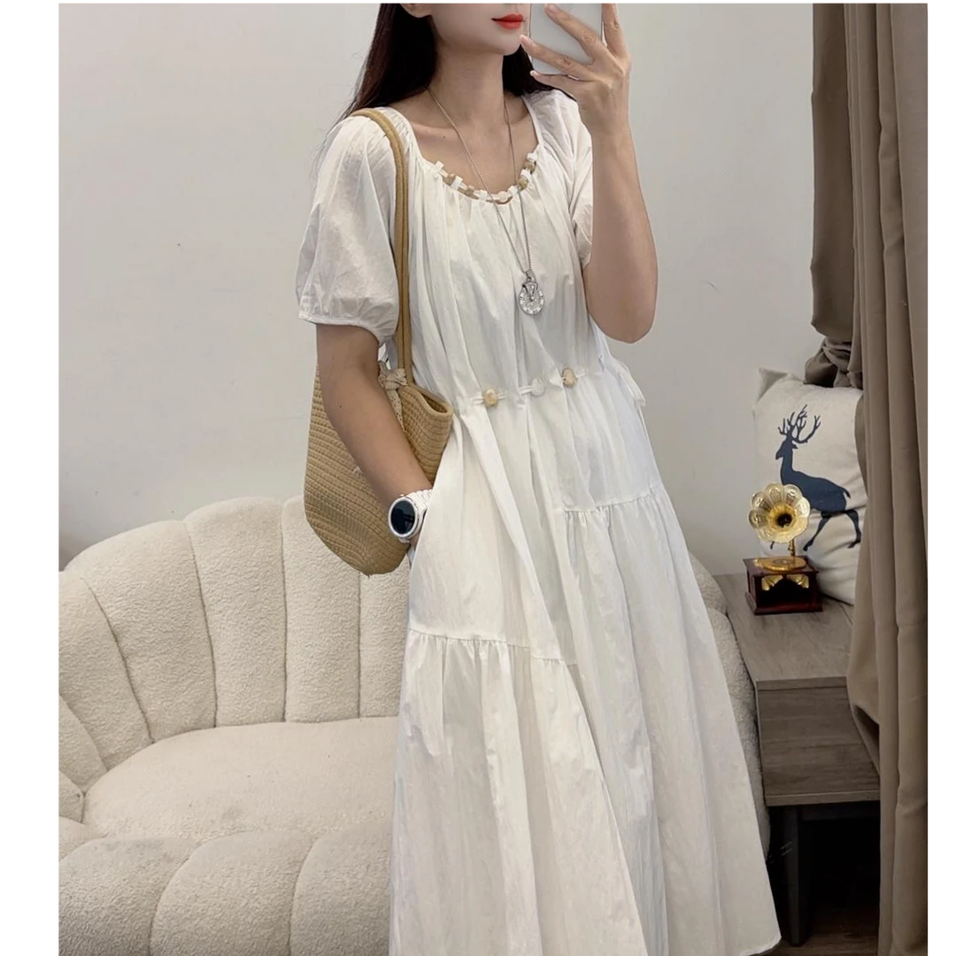 2025年夏季新款时尚圆领短袖连衣裙女收腰系带显瘦A字裙子DYY2894