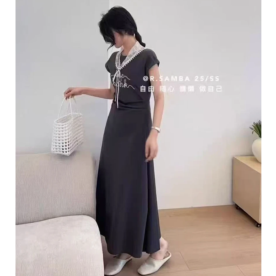 常规袖简约通勤夏季褶皱连衣裙显瘦小众不规则女装百搭长裙