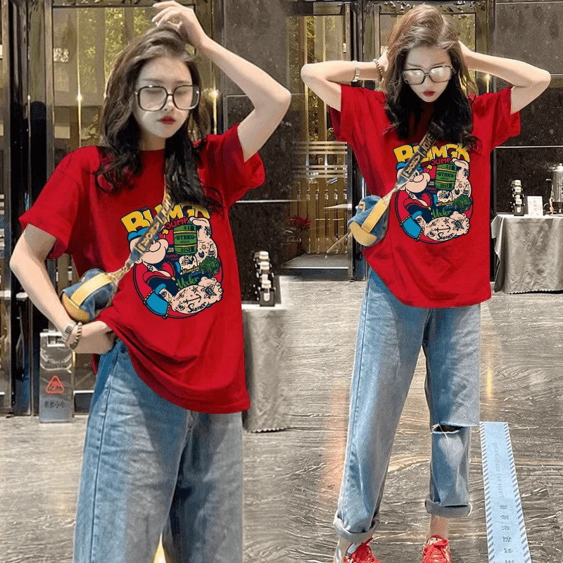 大力水手印花短袖t恤女2024新款爆款洋气时髦宽松上衣女遮肚子ins