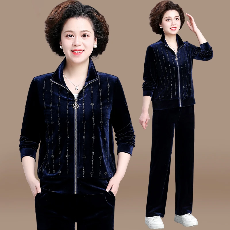 妈妈春装洋气运动套装休闲外套2025新款中老年女金丝绒上衣两件套