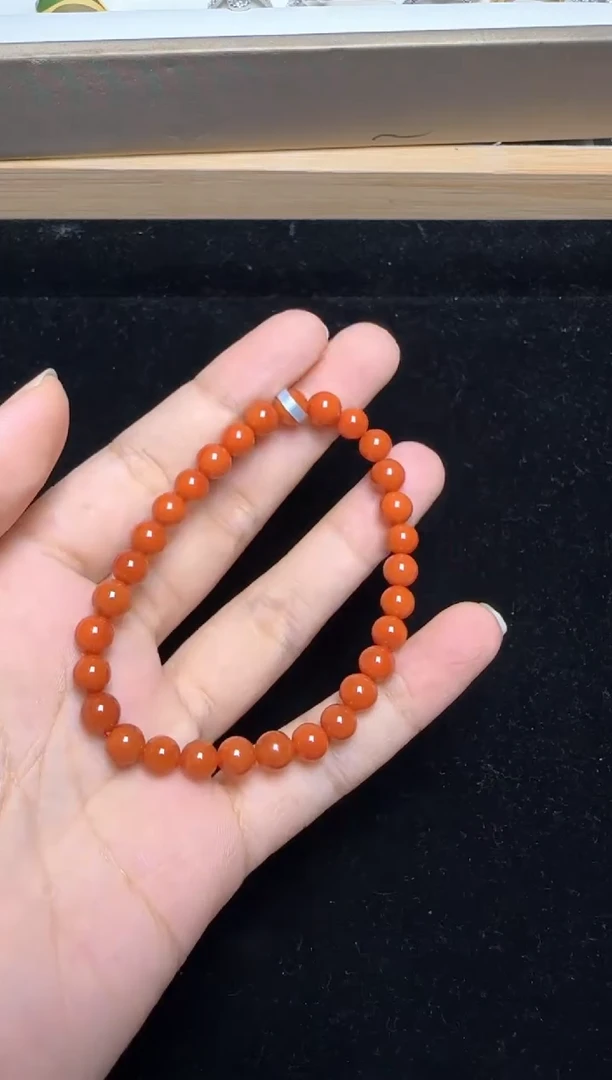 未镶嵌手链南红玛瑙约6mm+南红满色满肉柿子红圆珠手串