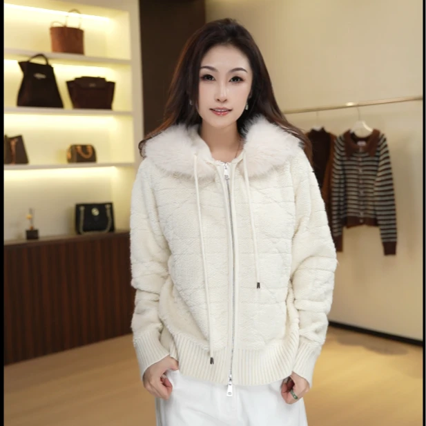 7388长袖毛领抽绳厚款针织女毛针织衫拼色毛衫毛衣百搭