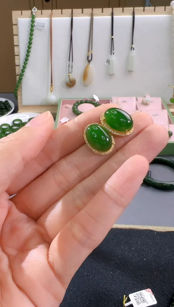 银S925镶嵌和田玉耳饰cg