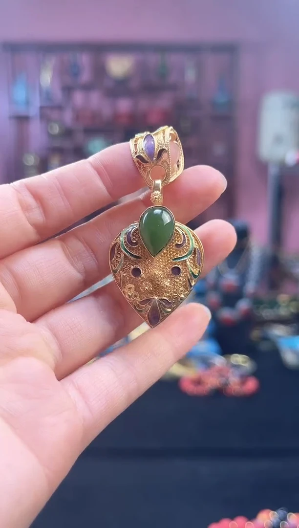 非遗 花丝镶嵌吊坠 水滴 碧绿
