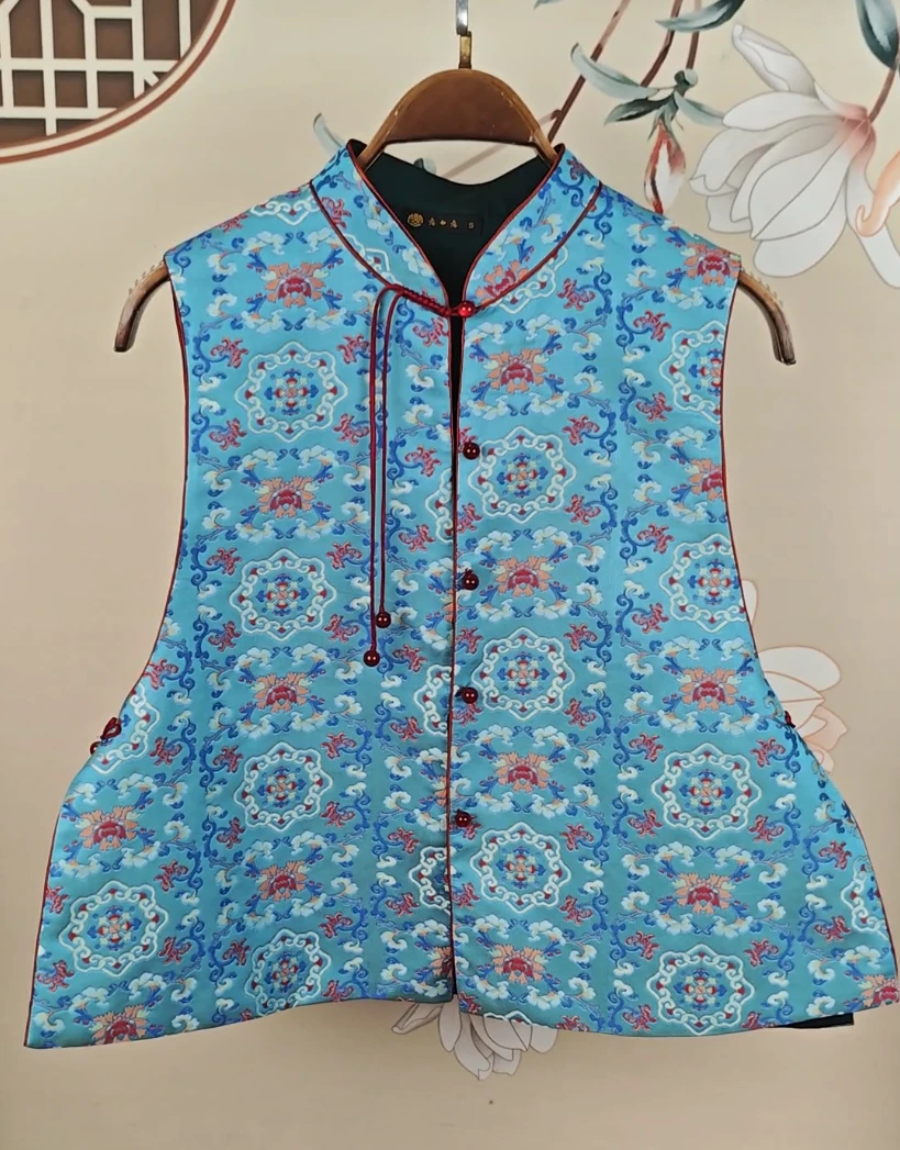 新中式国风女装湖蓝色宝相花秋款马夹丝绵手工定制国风新中式女装