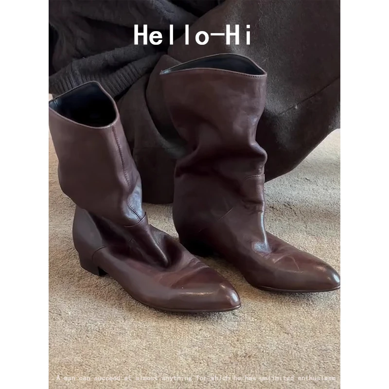 牛皮版~法式复古风褶皱堆堆靴女极简气质尖头通勤平底显瘦中筒靴