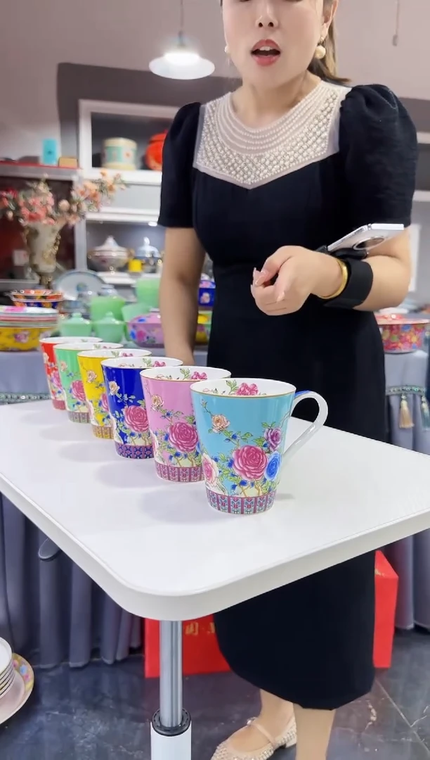 珐琅   牡丹花卉水杯6只装景德镇陶瓷