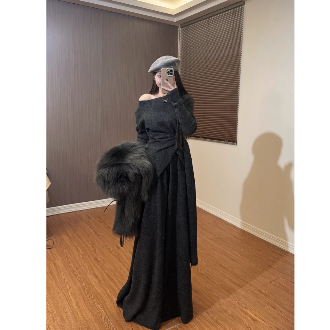 休闲风甜美街头风INS风时尚套装秋冬针织开叉大裙裤套装