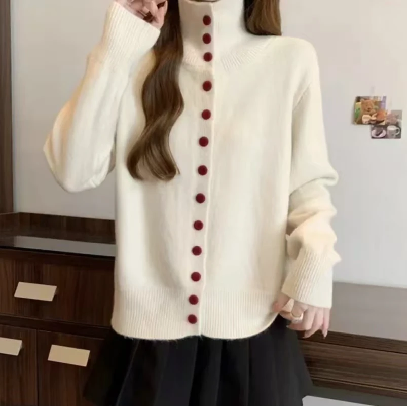 高领针织开衫复古韩系慵懒风高级感加厚毛衣外套T