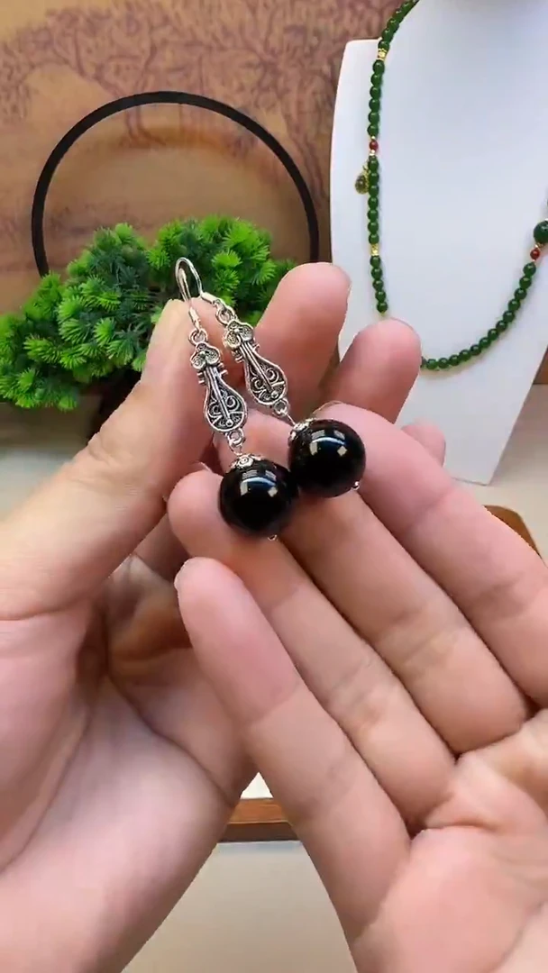 银S925镶嵌黑曜岩耳饰E140