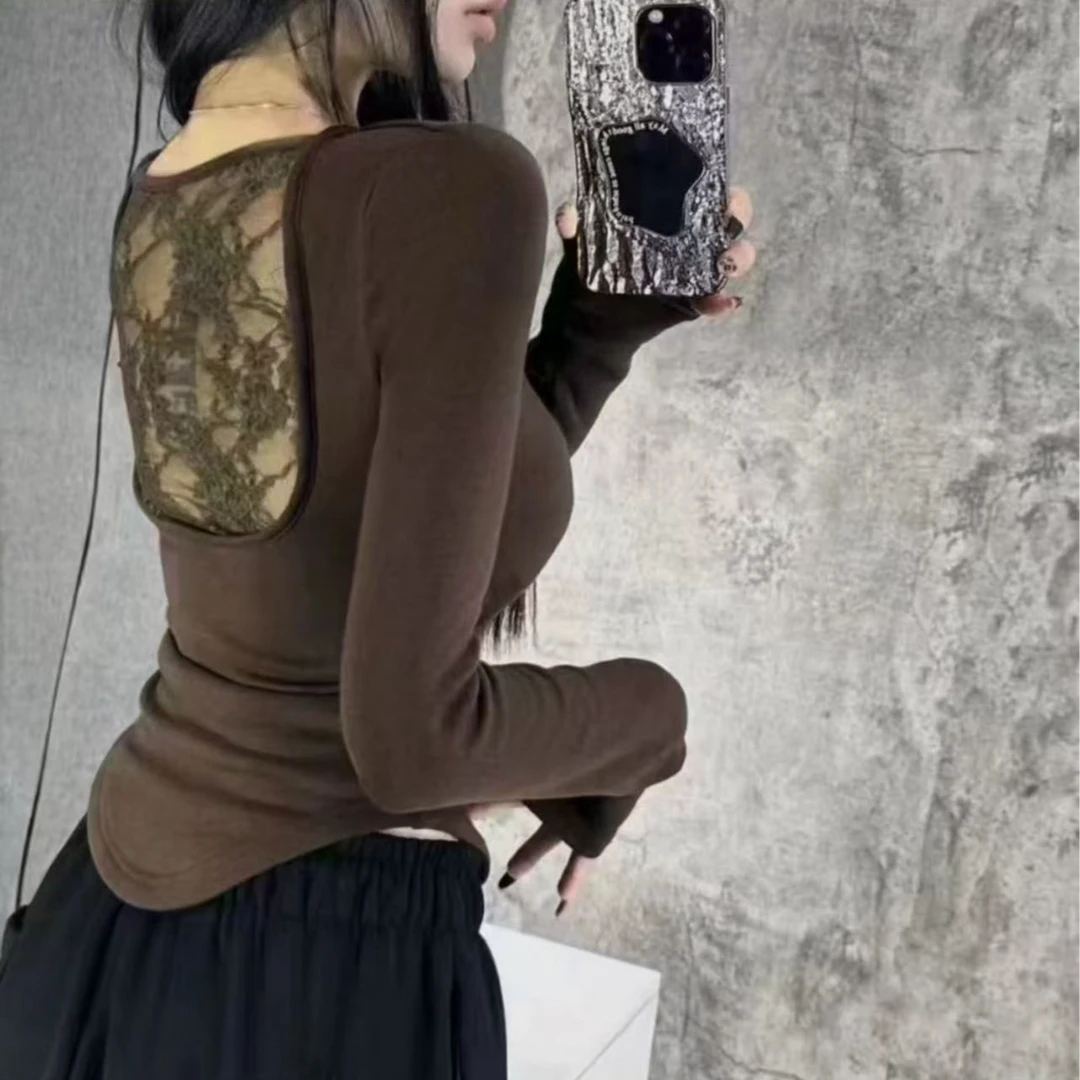 紫皇冠005修身不规则镂空蕾丝打底衫女设计感上衣带垫肩