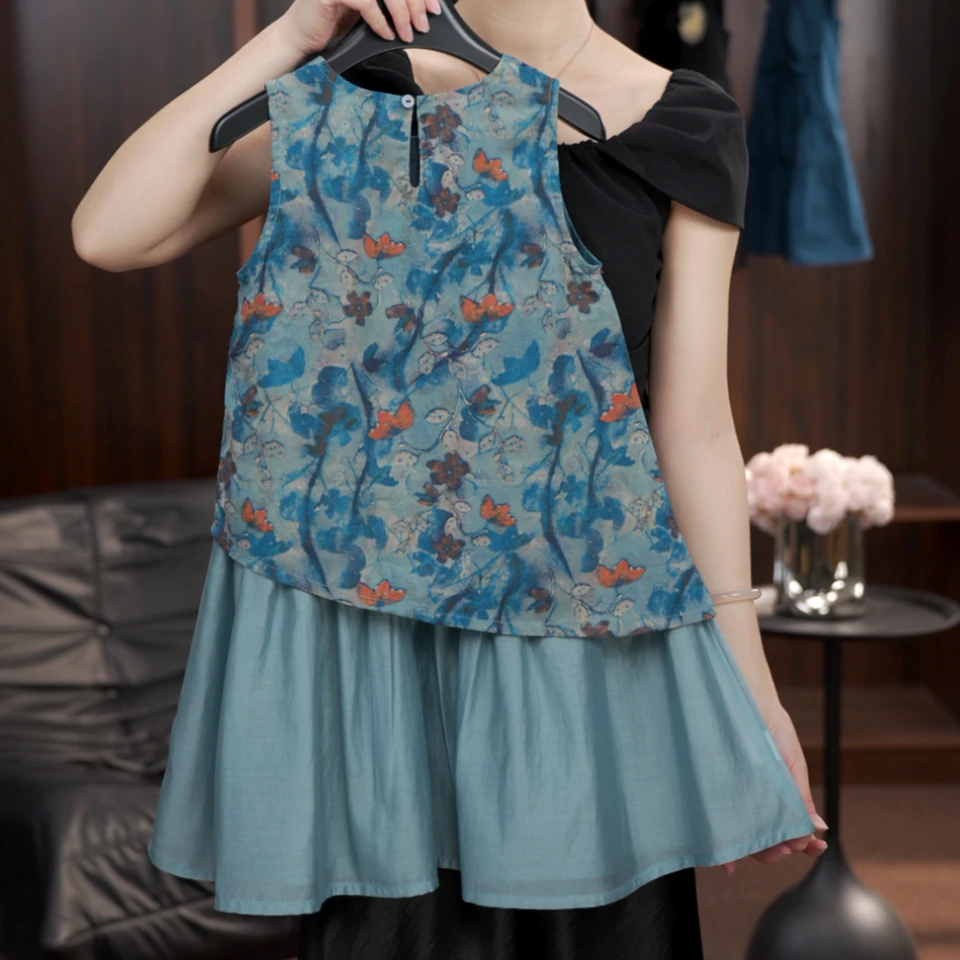 【YMQH】夏季碎花连衣裙假两件拼接民族风少女复古无袖薄款