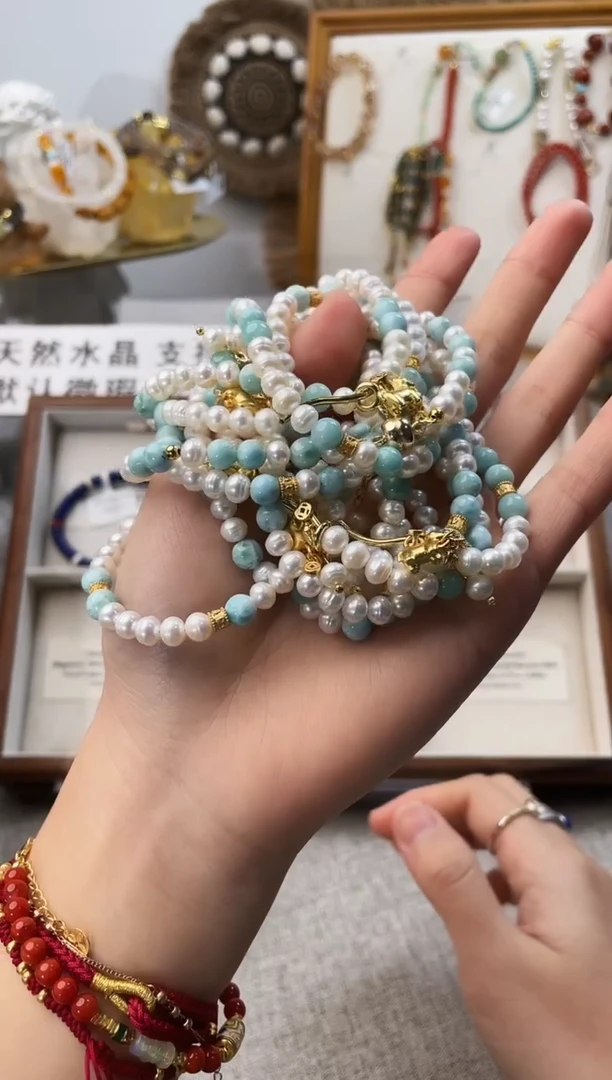 未镶嵌手串水晶桃**夭海纹石珍珠双圈（多样性发一）