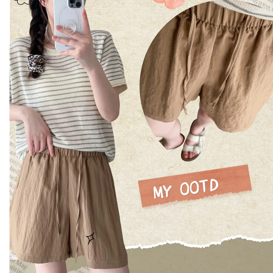 X813 亚麻短裤宽松韩版中腰高腰阔腿短裤五分裤纯色阔腿裤夏季