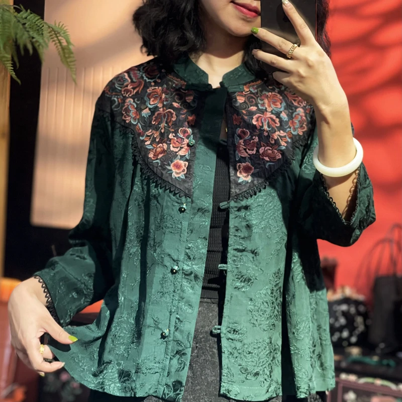 【羊在在】2023民族风重工春夏棉麻女装立领飘带刺绣小衫S711