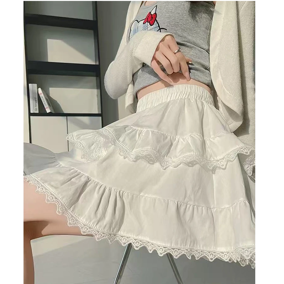 新款春季夏蛋糕短裙a字蓬蓬裙小个子蕾丝荷叶边百搭半身裙A字白色