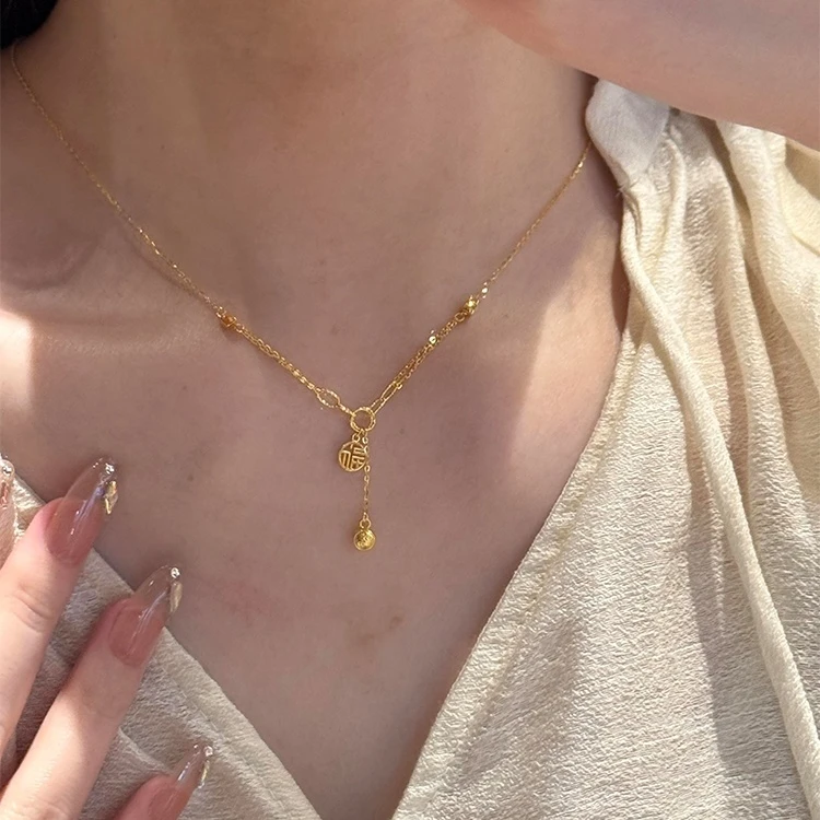 铜合金项链 新中式金色福牌铃铛流苏项链复古轻奢高级感锁骨链女