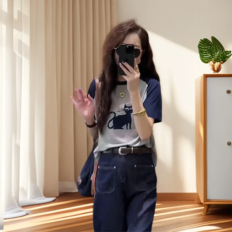 韩系洋气字母卡通印花短针织衫女夏季新款小众设计感减龄显瘦上衣