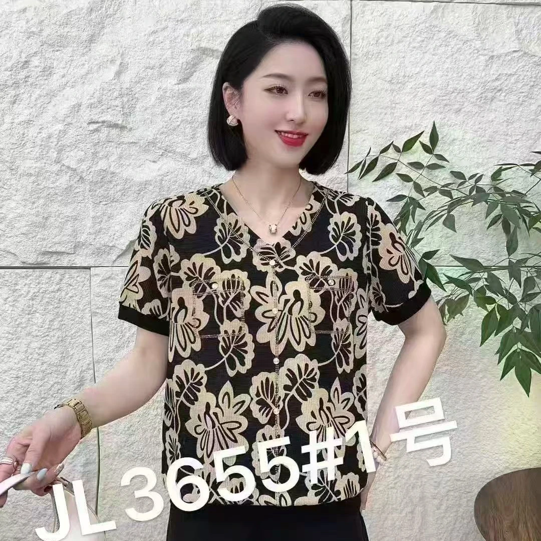 【丽丽家】大码女装休闲南韩丝透气T恤大花百搭短袖8508
