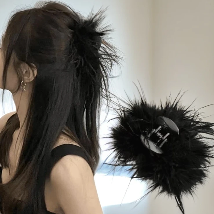 发夹秋冬ins纯欲风毛毛夹显发抓夹后脑勺毛量蓬松黑色羽毛大抓夹