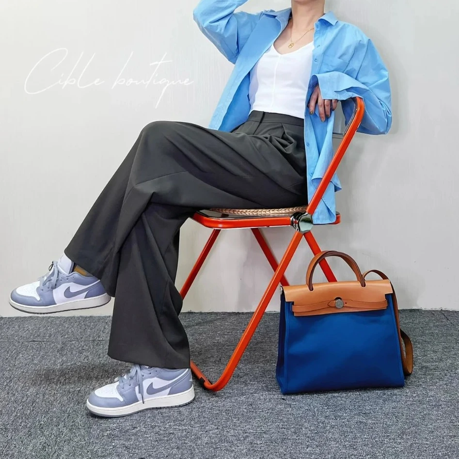 99新 Hermes/爱马仕 herbag31帆布拼皮蓝色银扣斜挎包框Q13年全套