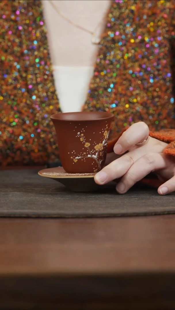 【闪购商品】紫砂茶叶罐一杯一垫朱泥泥绘花闻香杯