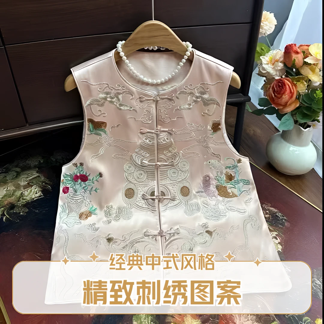（聚宝盆）新中式国风秋季复古重工刺绣圆领盘扣气质百搭马甲