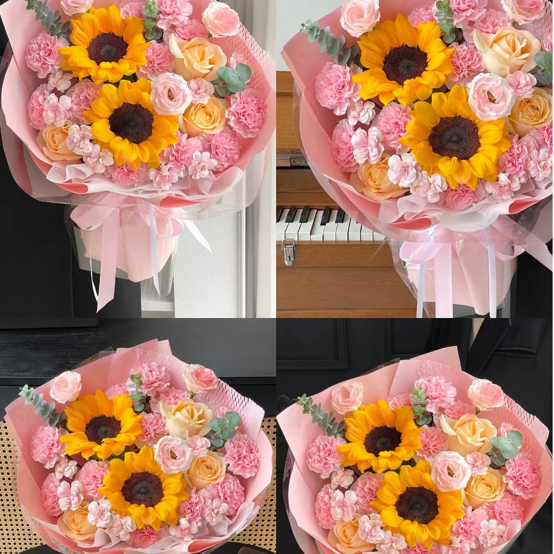 套餐37 中花向日葵3支+粉色康乃馨20支+香槟玫瑰10支+尤加利一把