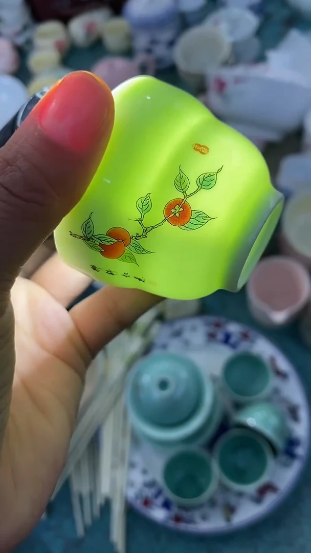 摆件陶绿稀土柿柿如意小客杯