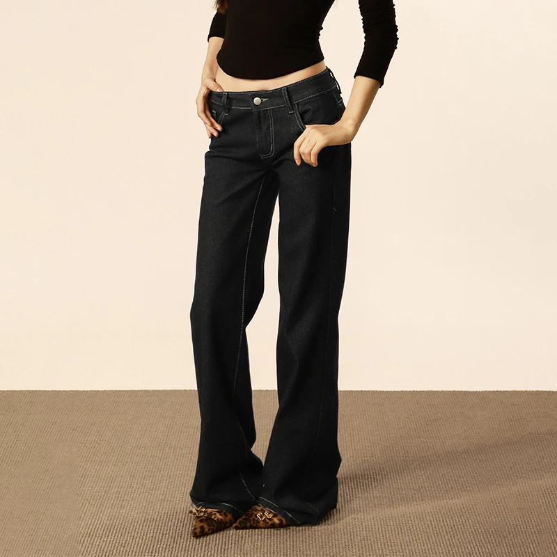 ROMORE 美式复古低腰显瘦阔腿牛仔裤2025春季深蓝色直筒拖地长裤