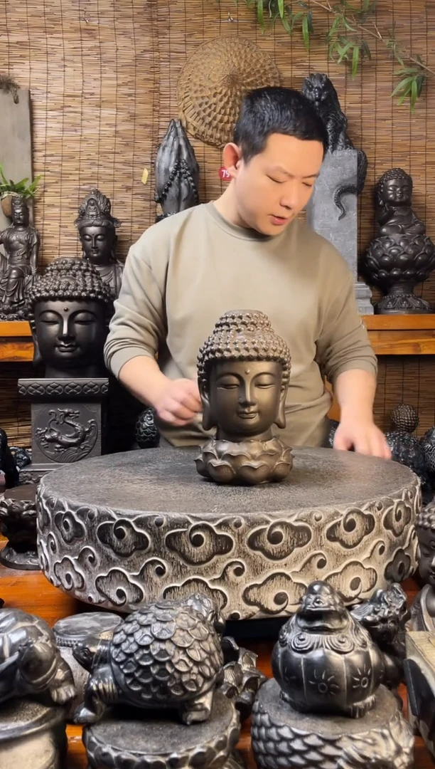 石材20佛头+三层莲花天然青石雕刻