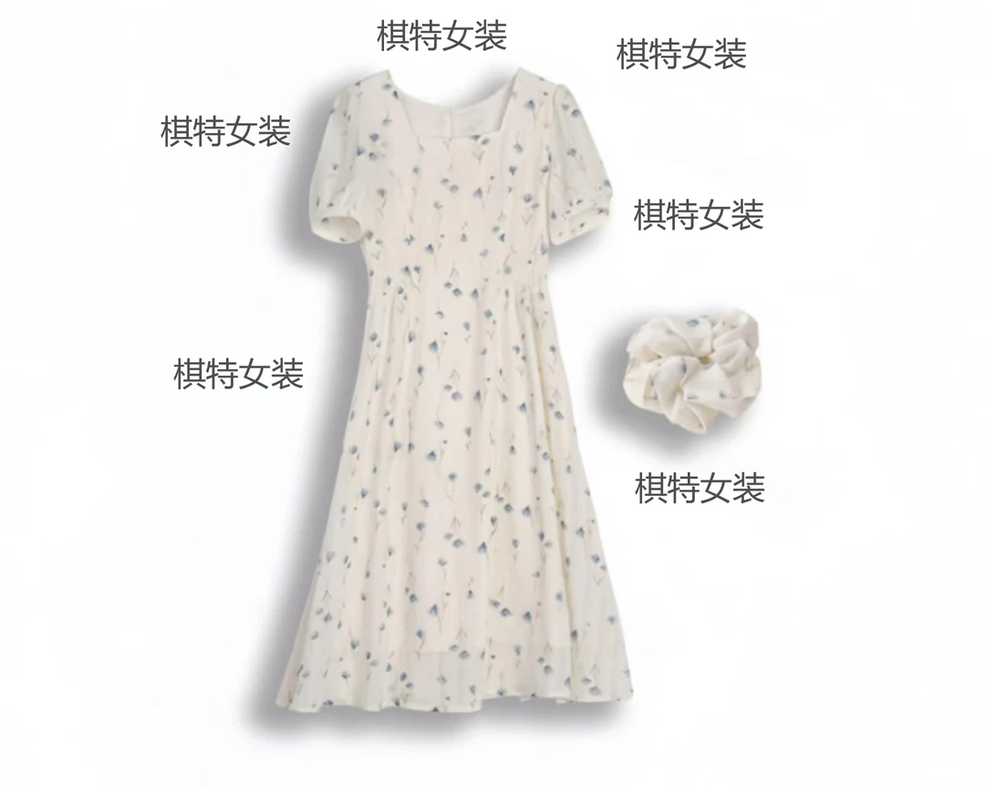 棋特法式方领碎花连衣裙女高级感修身显瘦气质长裙