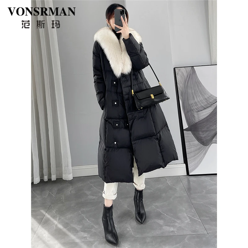 黑色轻奢大毛领羽绒服女冬季2025新款设计感系带收腰长款过膝外套