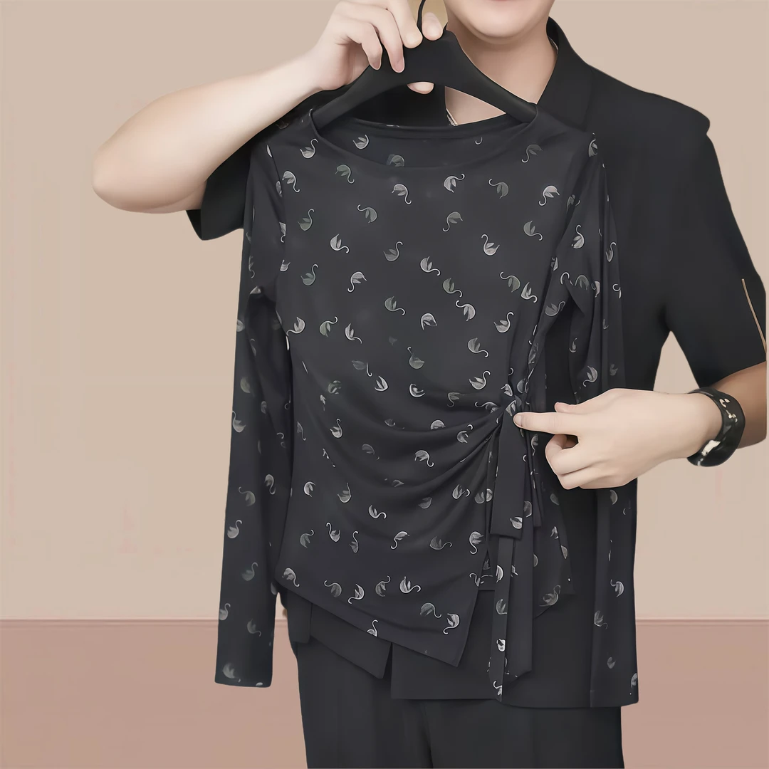 2025秋季出游服装女小天鹅印花长袖打底衫高级感绑带网纱上衣女