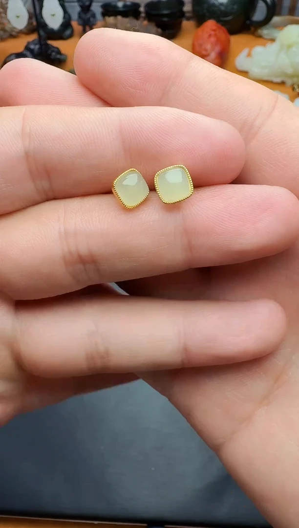 和田玉银S925镶嵌耳饰方糖耳钉01