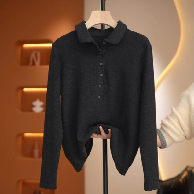 【菲儿】半开扣翻领长袖德绒百搭显瘦打底衫-Y19886