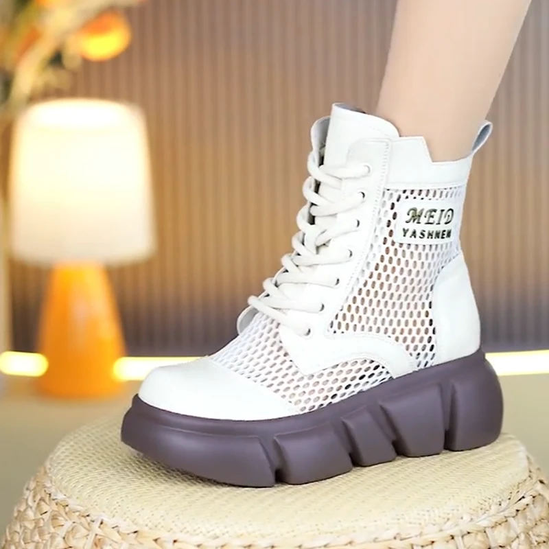 厚底增高网纱马丁靴女2025夏季新款时尚百搭网面镂空透气网红凉靴