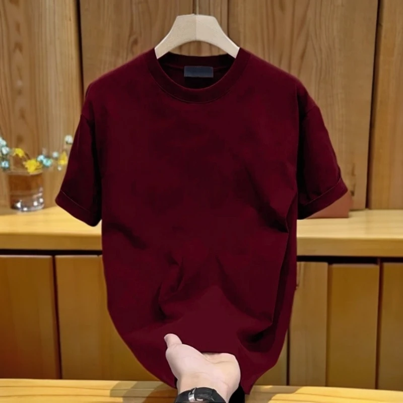 爆款纯色短袖t恤男生夏季新款复古潮流ins百搭宽松青年圆领五分袖