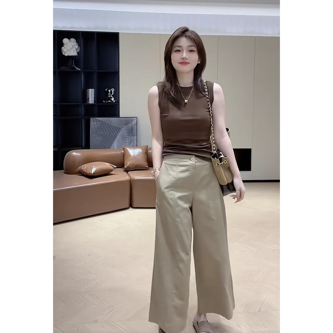 夏季流行穿搭一整套女2025新款韩版无袖背心时尚阔腿休闲裤两件套