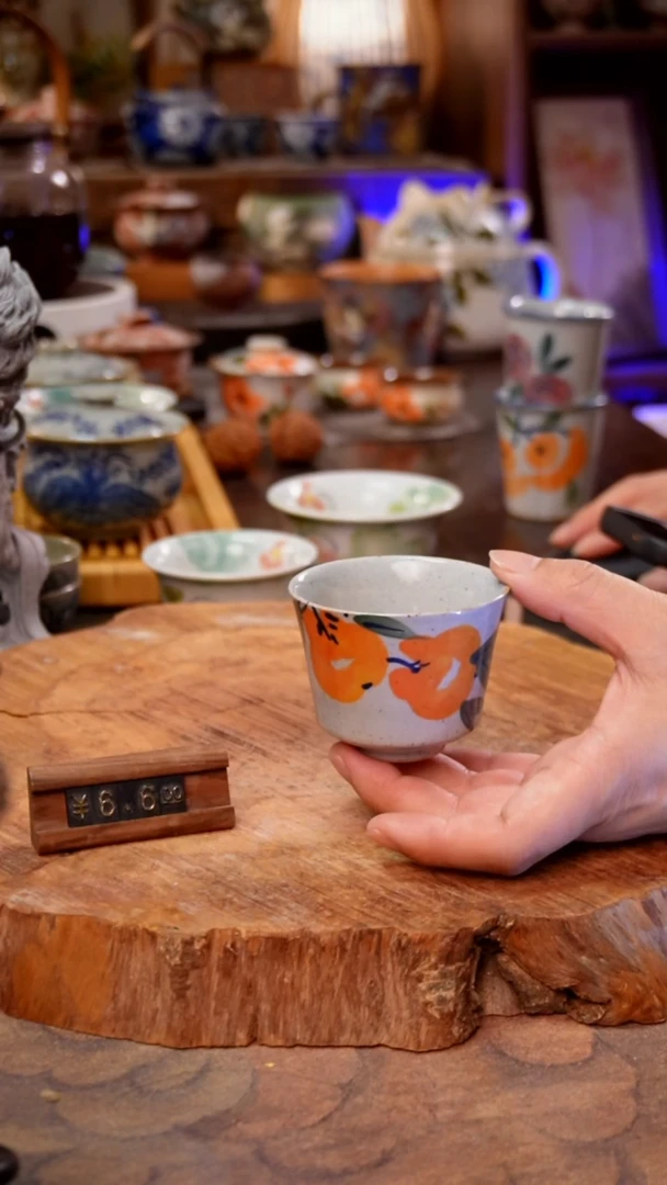 杯柿子景德镇手工手绘