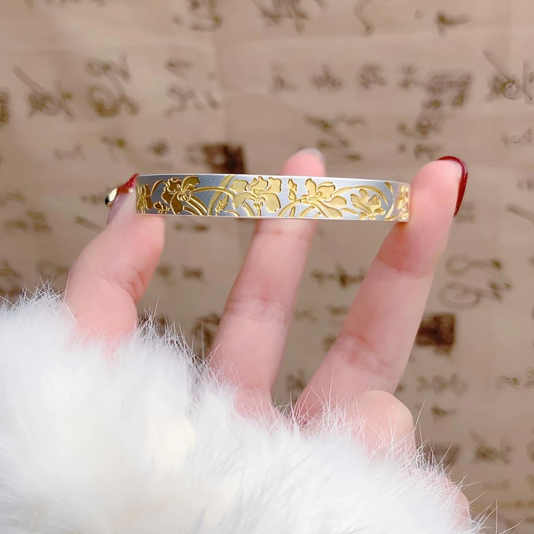 足银手镯 足银手镯999.9 新中式描金錾刻兰花【轻重香】国风款开口