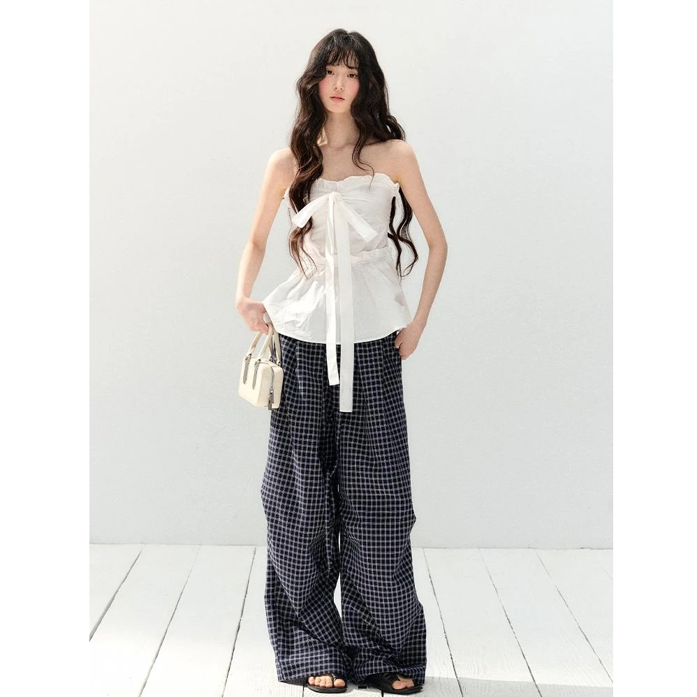 甜辣收腰花边背心修身显瘦抹胸上衣慵懒休闲蓝色格纹裤阔腿裤套装