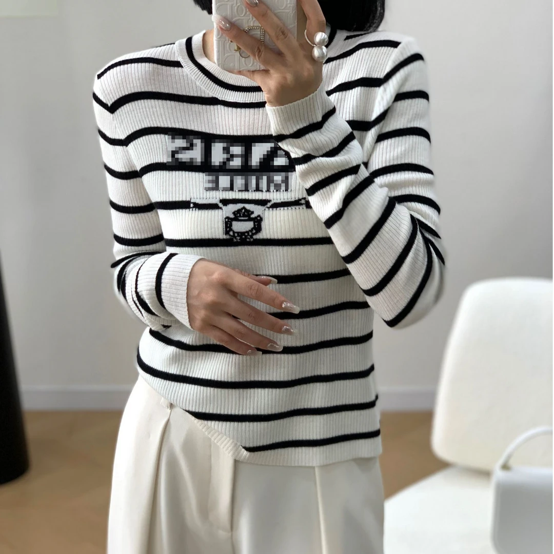 Yihouse2024秋冬新款时尚简约百搭撞色条纹针织衫女装上衣