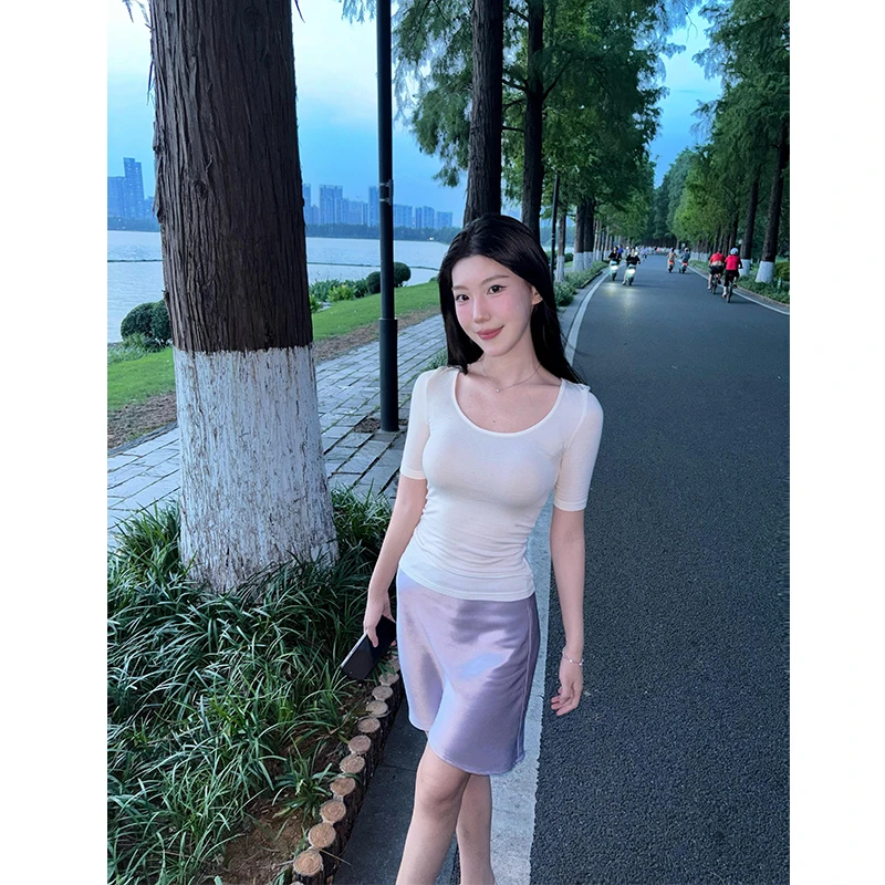 法式复古醋酸缎面短裙女早秋季新款高腰显瘦修身包臀a字半身裙女