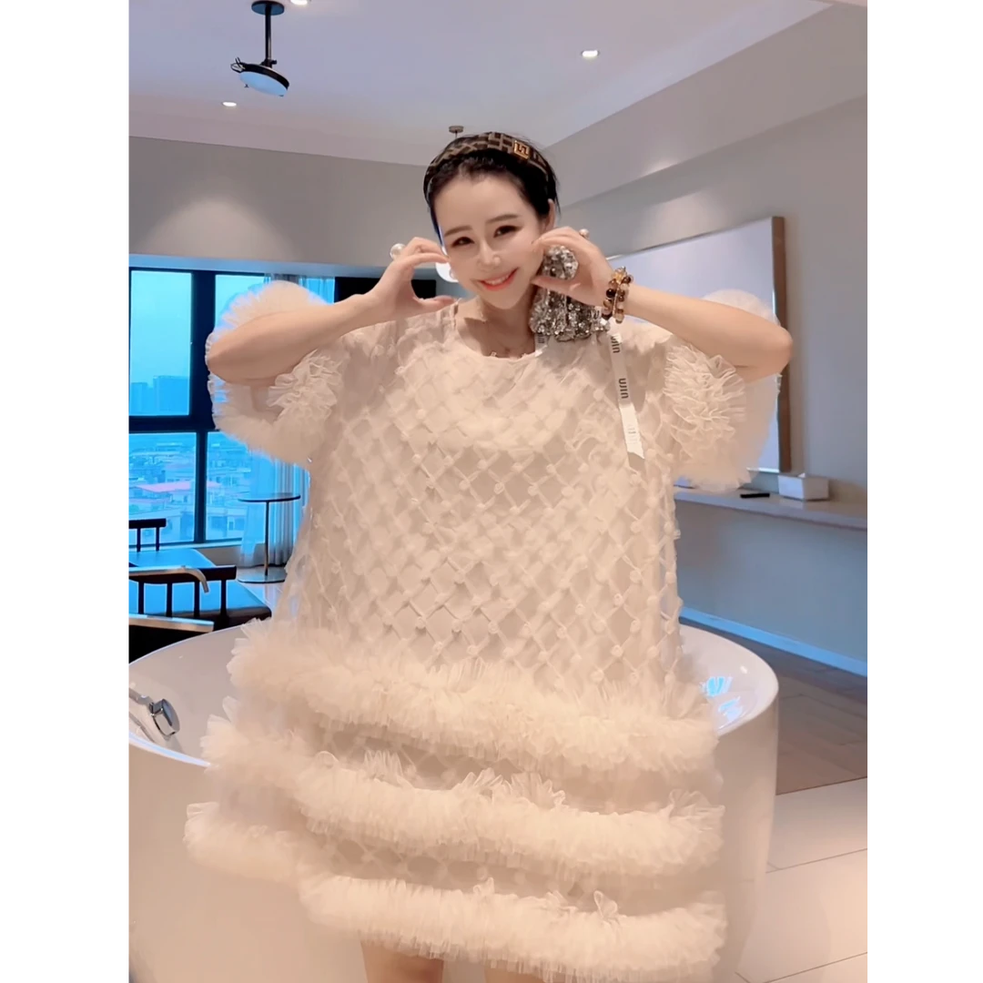法式立体小花拼接网纱蛋糕裙女夏季2025年爆款宽松遮肉短袖中长裙