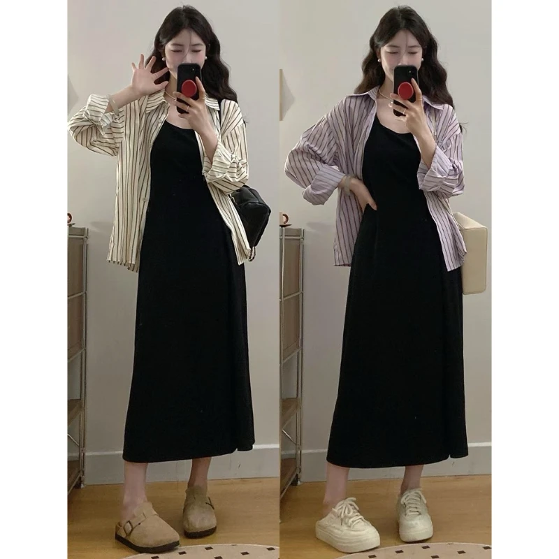 大码女装胖mm2025春夏新款韩系显瘦纽结背心连衣裙通勤条纹衬衣